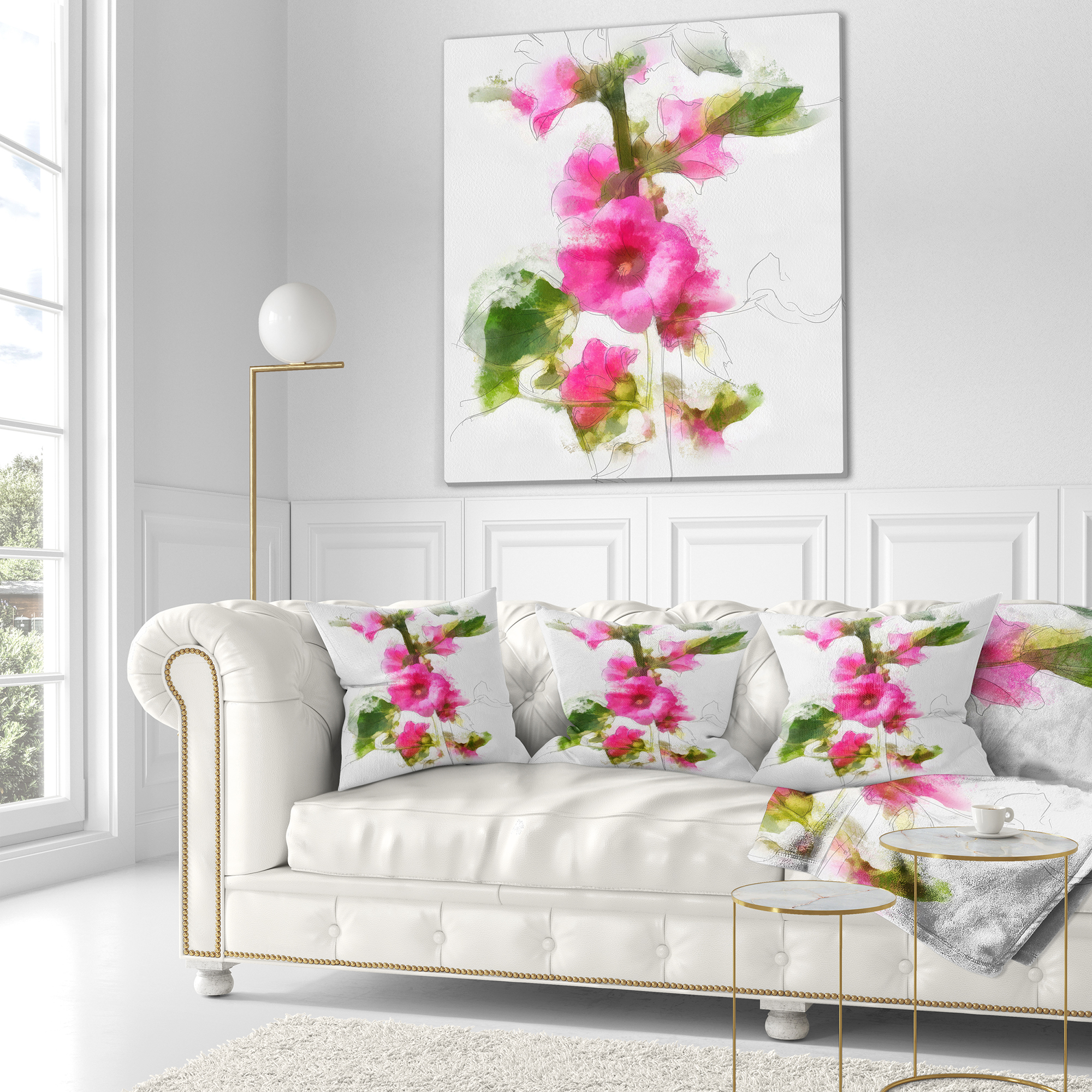 Designart Pink Flower with Stem and Leaves - Floral Throw Pillow - 16x16