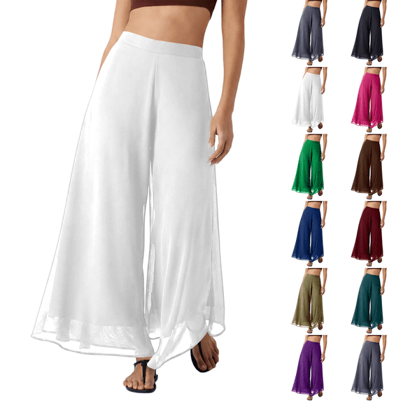 Women Flowy Chiffon Wide Leg Split Palazzo Pants High Waist Sheer Layered Trousers Lightweight Ankle Pants White XL