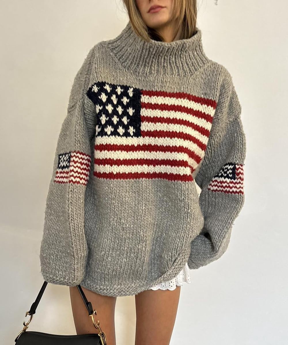 NOBRAND Women's American Flag Oversized Turtleneck Long Sleeve Knit Pullover Sweater