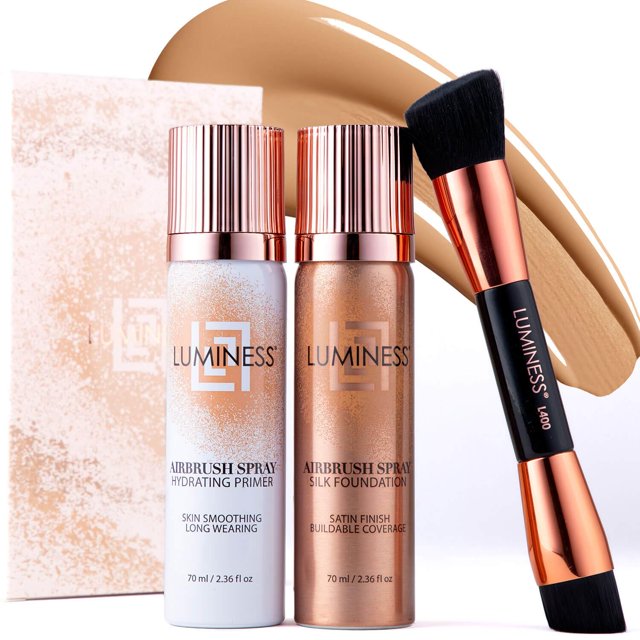 LUMINESS Silk Airbrush Spray Foundation Kit de inicio de maquillaje - Base de base de completa y cepillo pulidor en ángulo de doble cara - Medio cálido