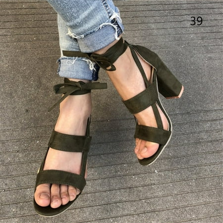 

Women Chunky Heels Sandals Open Toe Solid Color Female Sandals for Summer 39