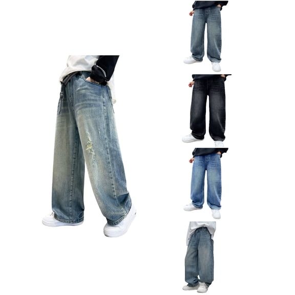 Antinious Toddler Boys Denim Pants Solid Wide Leg Boys Jeans Long go Pants with Pockets,Boys Girls Jeans,Kids Pants,170,