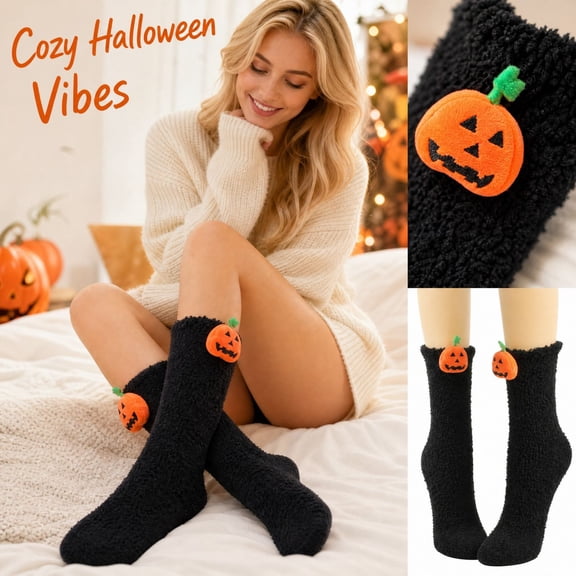 Women's Halloween Fuzzy Socks with 3D Plush Pumpkin, Cozy Coral Fleece Crew Socks, Jack O' Lantern Sleep Socks for Christmas Stocking Stuffers, Gag Gifts and Fun Holiday Gifts