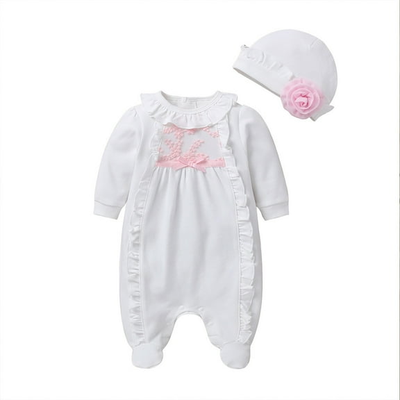 MuZeFu Rompers for Baby Girls Long Sleeve Newborn Infant Baby Girls Solid Ruffles Floral Romper Jumpsuit Hat Outfits Sets