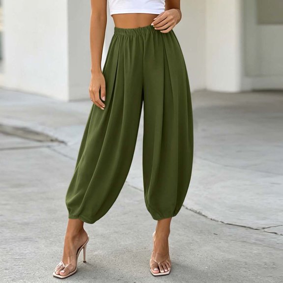 Cagogo Women's Harem Pants Casual Loose Elastic Waist Flowy Ankle Pants Yoga Lounge Trousers Drawstring Beach Workout Clothes, Army Green 2XL