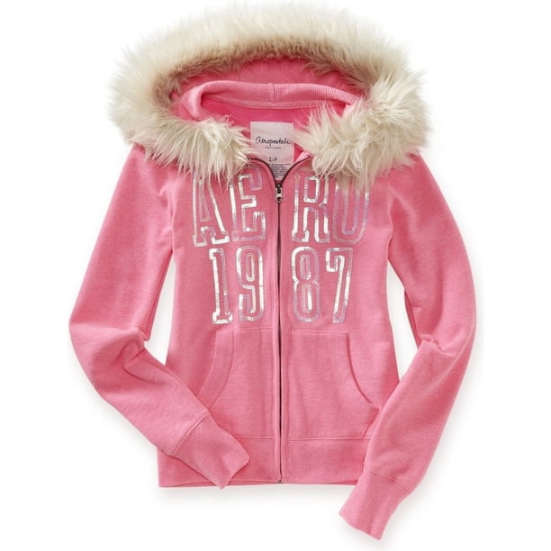 Aeropostale suéter con capucha de piel sintética con cremallera para mujer, rosa, extra pequeño Aeropostale Encapuchado