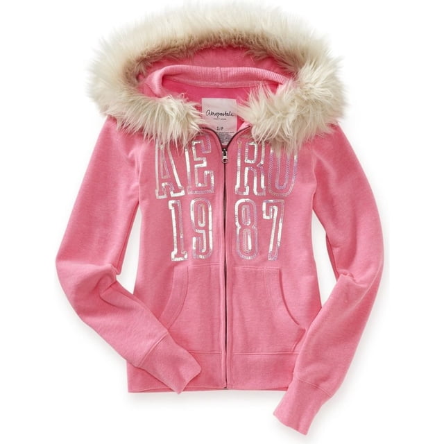 Aeropostale suéter con capucha de piel sintética con cremallera para mujer, rosa, extra pequeño Aeropostale Encapuchado