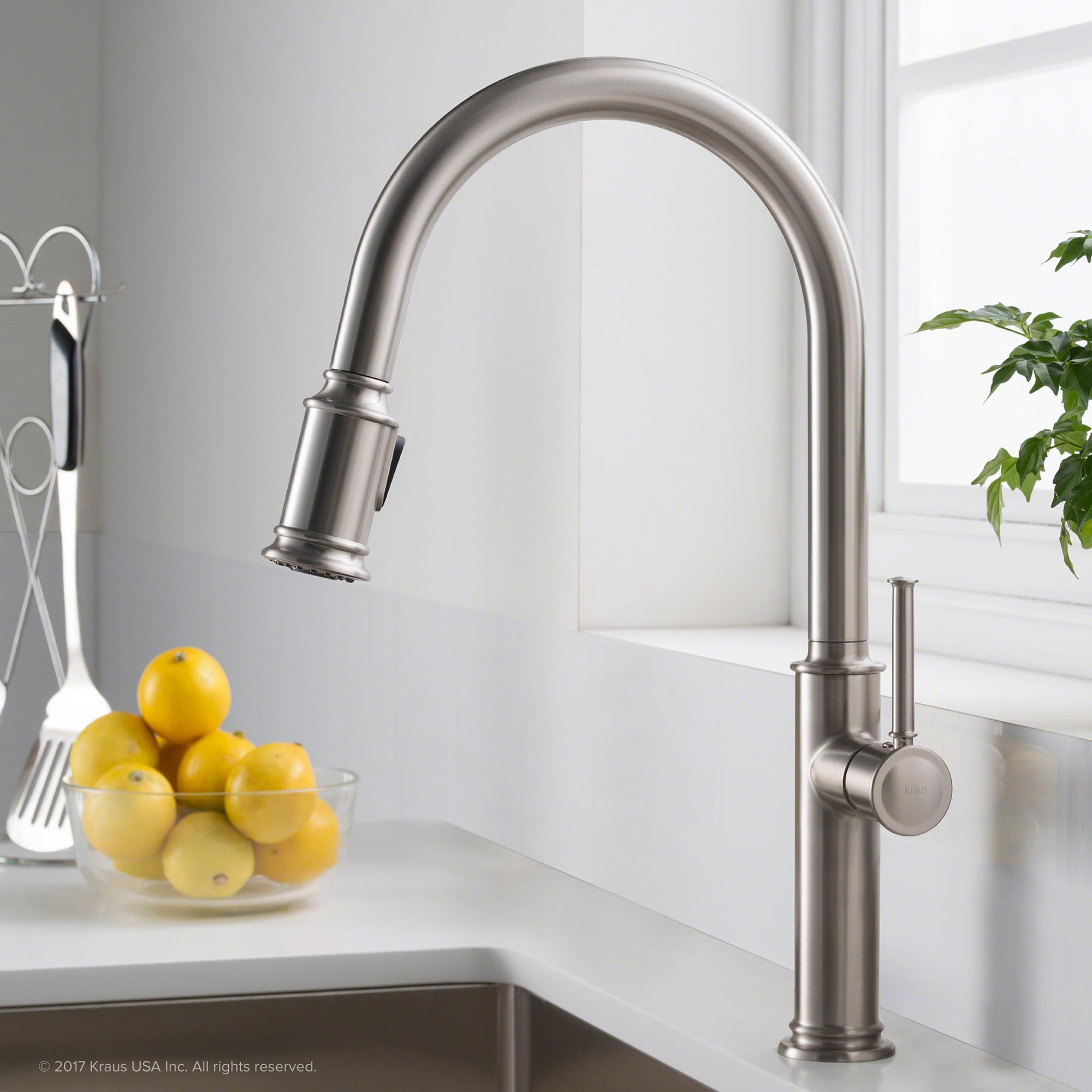 KRAUS Sellette™ Single Handle Pull Down Kitchen Faucet with Deck Plate and Soap Dispenser in all-Brite™ Spot Free Stainless Steel Finish