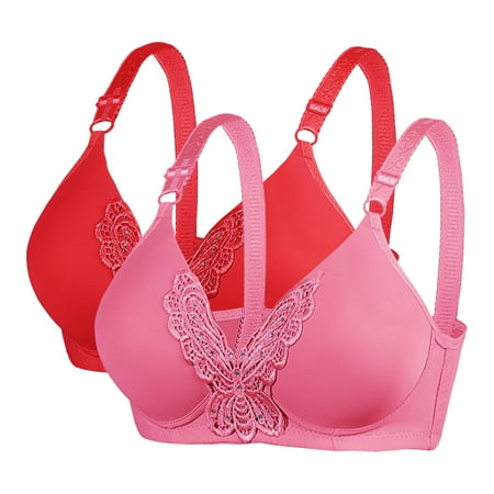 WREESH Women s 2 Pack Push Up Bra No Underwire Full Support Bras Wireless Comfort Everyday Bras Embroidered Plunge Bra Underwear Red