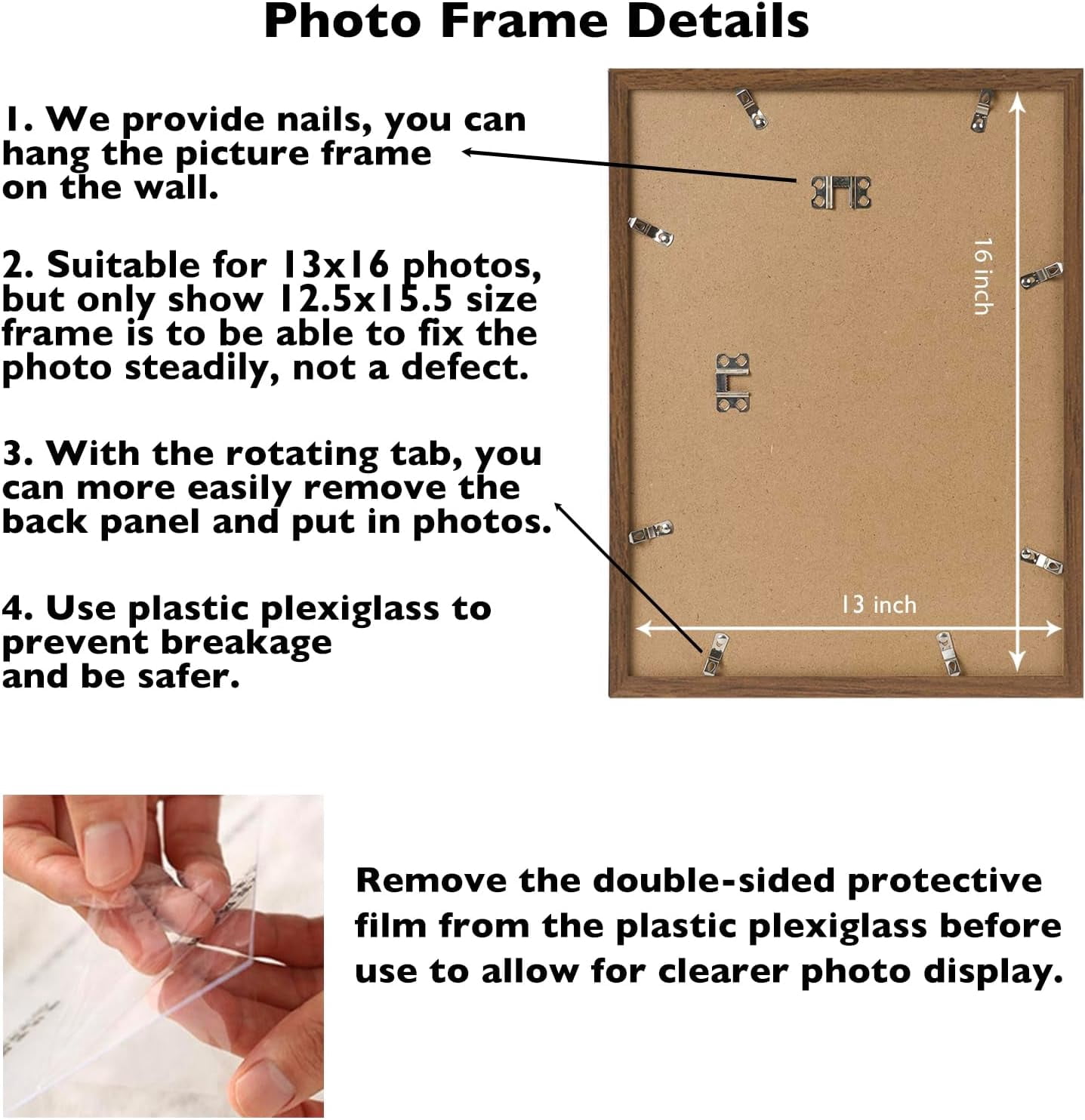 13x16 Picture Frame Brown for Wall Hanging, Wall Mounting Horizontally or Vertically, 13 x 16 Wall Gallery Poster Photo Frame with Shatter Resistant Plexiglass, Brown