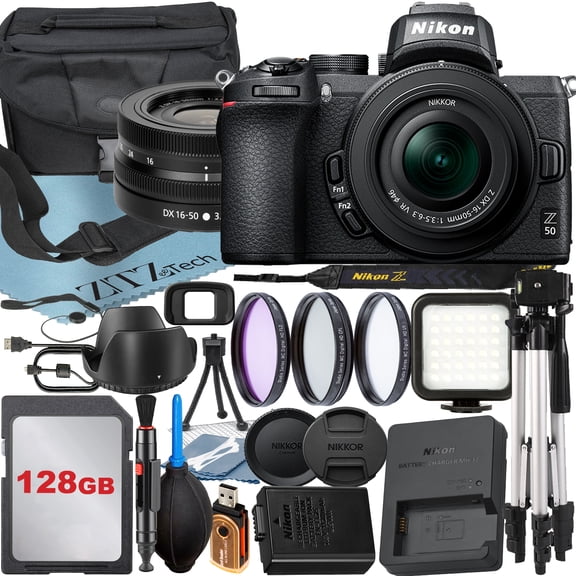 Nikon Z50 Mirrorless Camera with NIKKOR Z DX 16-50mm VR Zoom Lens   SanDisk 128GB Card   Case   3 Pieces Filter   Flash   ZeeTech Accessory Bundle
