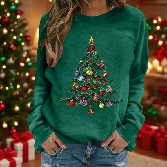 Sakmal Holiday Womens Sweatshirts Fall Christmas Green Sweatshirts Casual Christmas Trees Long Sleeve Shirts
