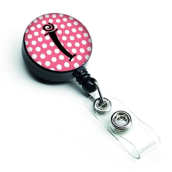 Carolines Treasures CJ1001-IBR Letter I Monogram Pink & Black Polka Dots Retractable Badge Reel