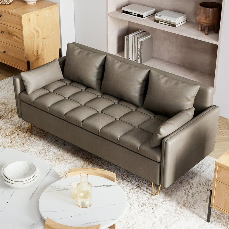 Whizmax Sofa Couches 3 Seat Sofas with Storage Under Seat Modern Faux Leather Couch for Living Room Office Button Tufted Design Dark Brown