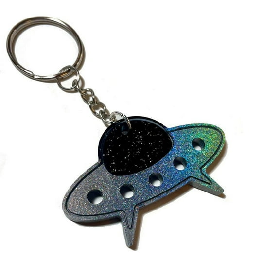 Holographic Alien Spaceship Keychain, New Driver Car Gift, Wallet Accessories, Cool Wristlet Keyring Decor, Phone Pendant, Purse Charm