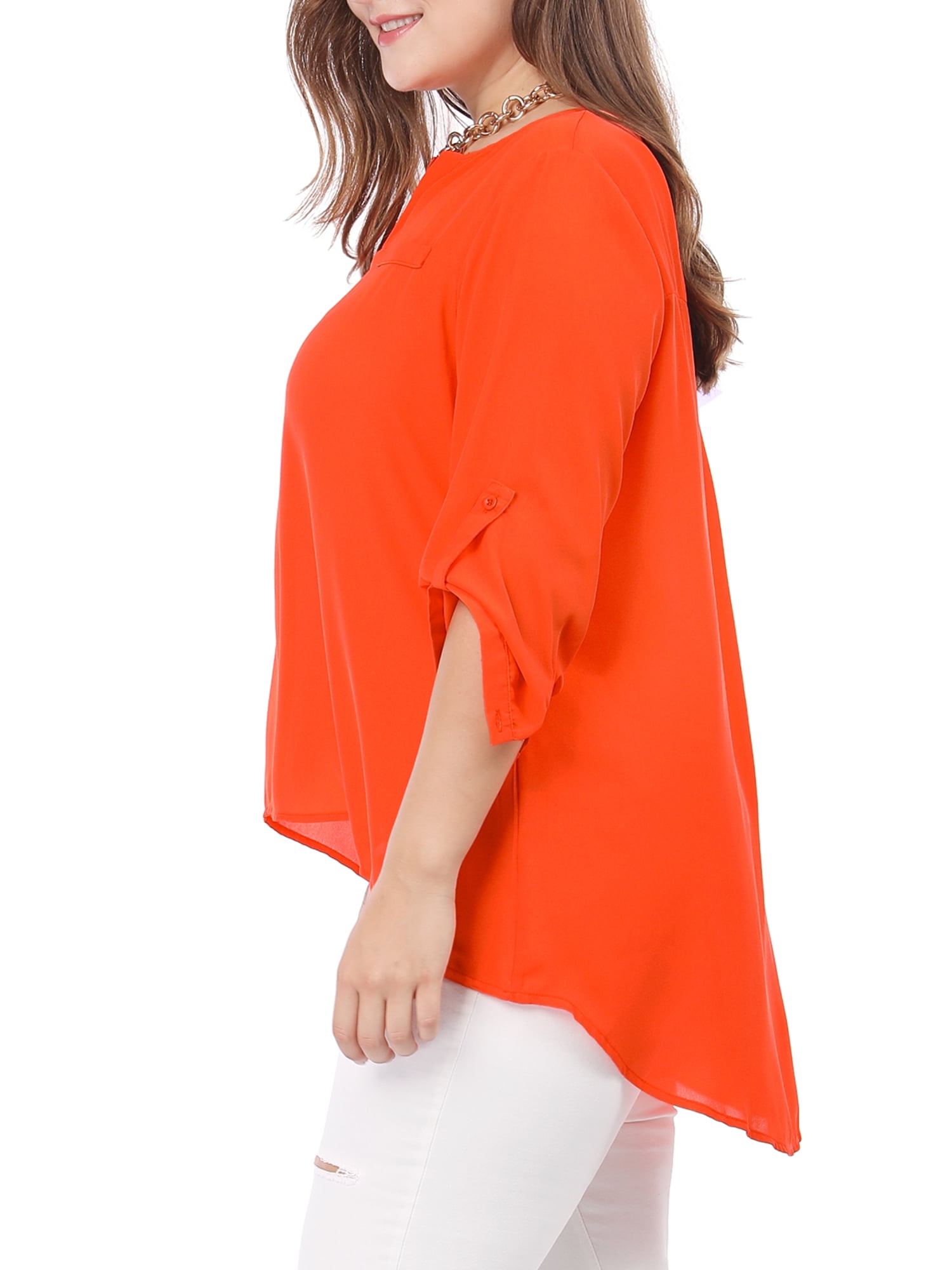 Unique Bargains Women's Plus Size V Neck High Elbow Sleeves Blouse 1X Orange