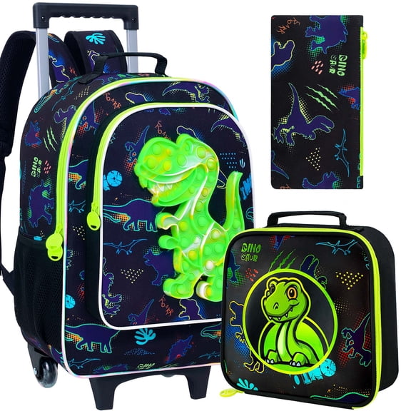 3PCS Boys 18 Inch Dinosaur Pattern Rolling Backpack Set, Wheeled School Bag with Lunch Box for Toddler Elementary Kids, Black