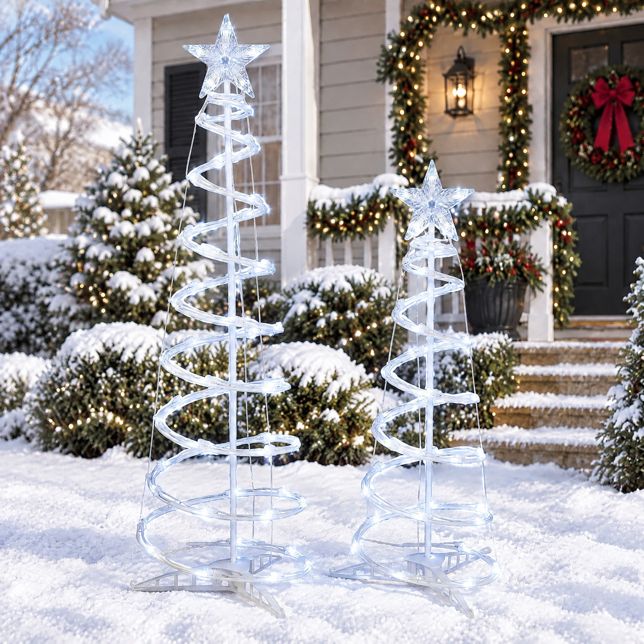 Indoor/Outdoor LED 8-Function Color-Changing Spiral Christmas Trees, Cool White to Multicolor, Set of 2, by Holiday Time