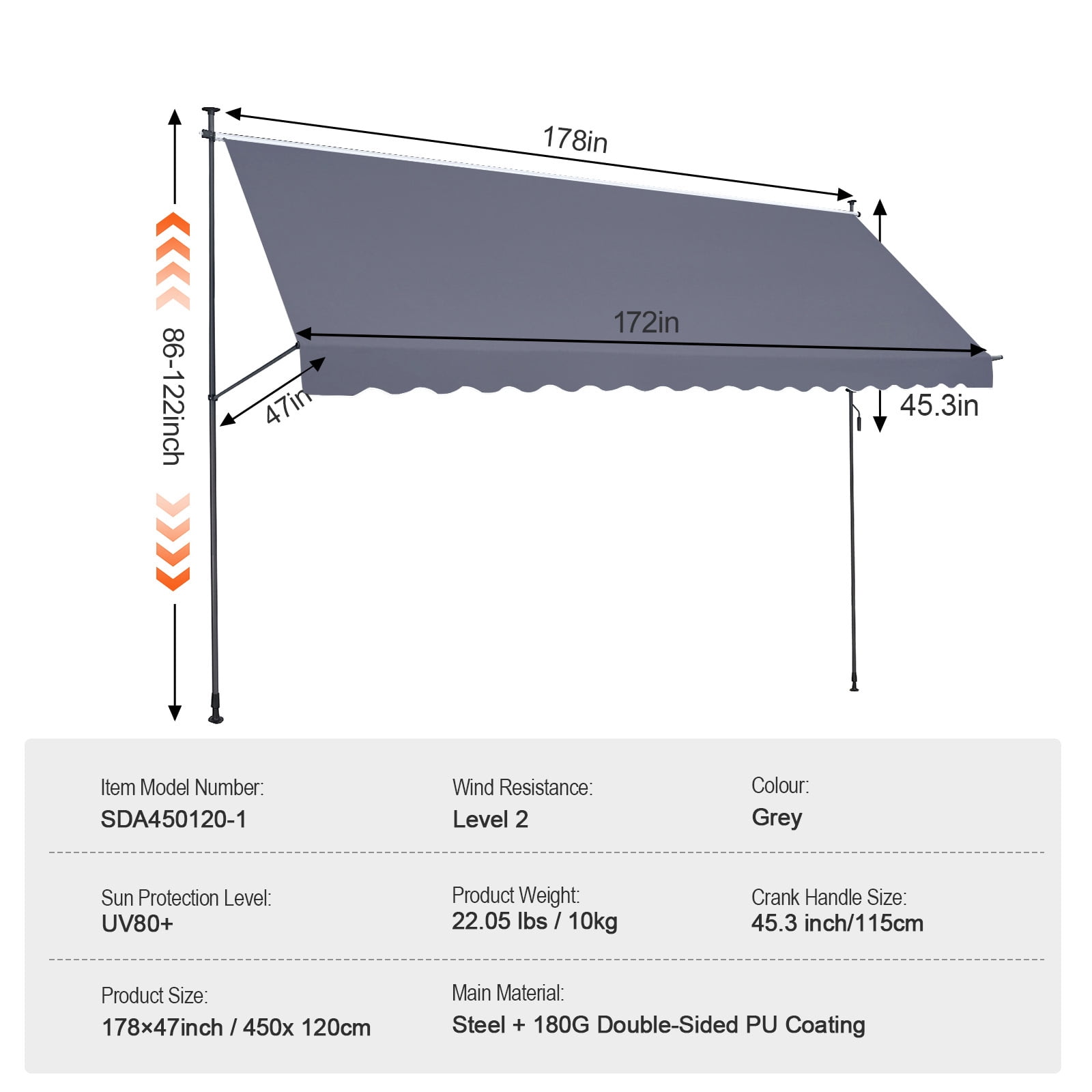 KFFKFF 178 x 47" Retractable Patio Awning, Manual Crank Handle Sunshade Shelter, Outdoor Canopy for Deck, Adjustable Height Ranging 86 to 122 in, Suitable for Patio/Balcony/Yard, Dark Gray
