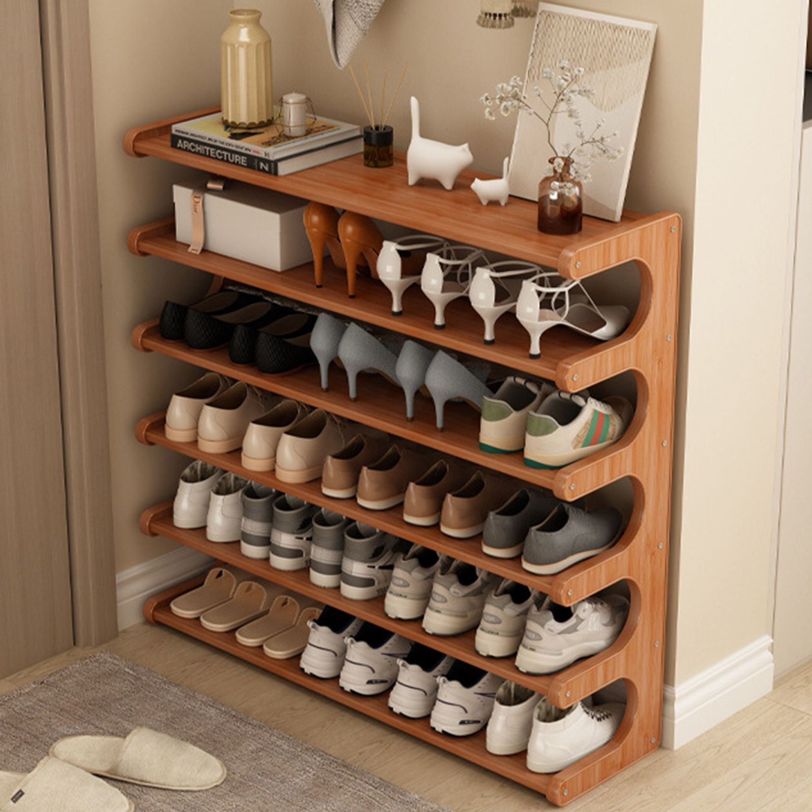 6 Layer Wood Grain Free Standing Shoe Rack Space Saving Storage Organizer