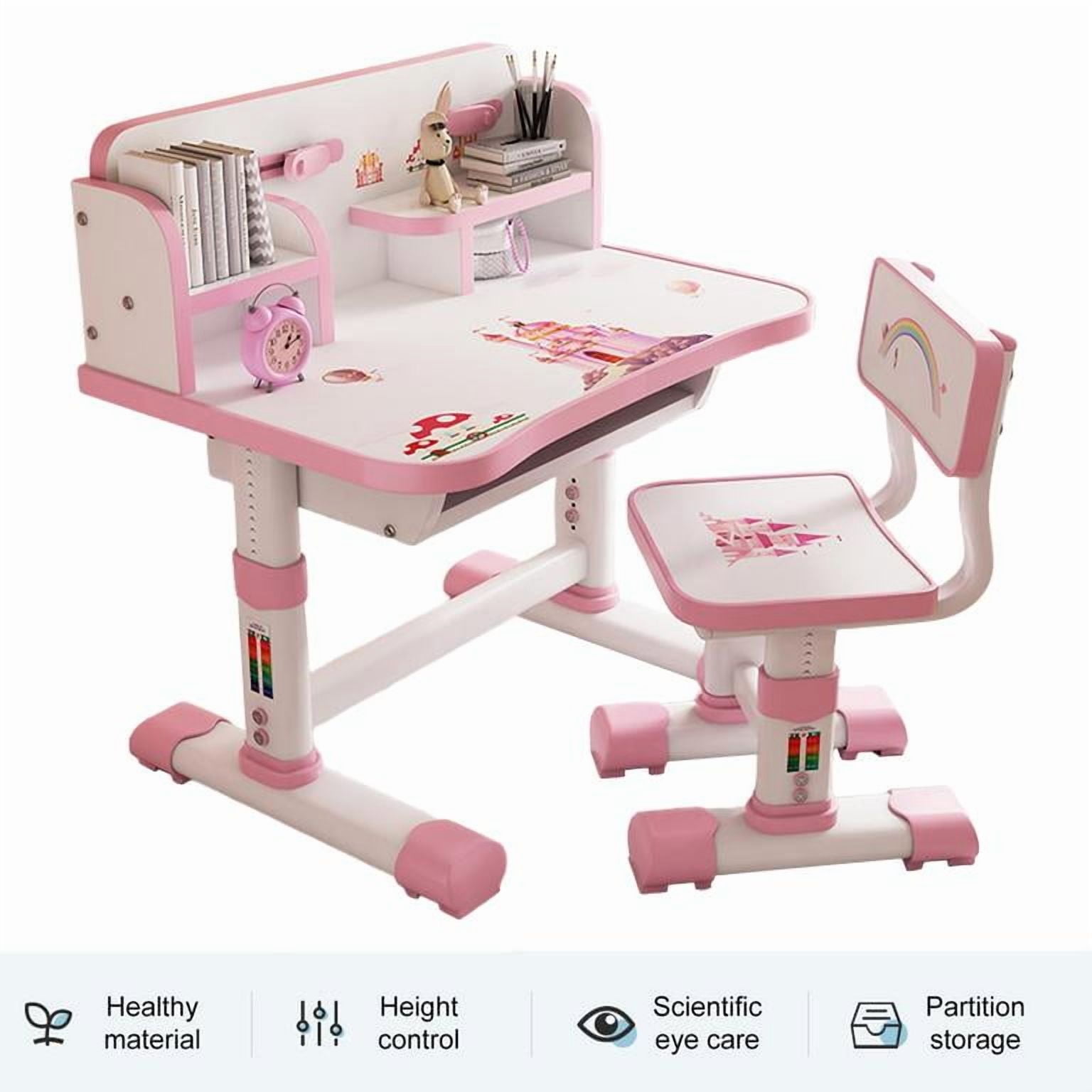 YNCE Kids Desk and Chair Set, Adjustable Height Ergonomic Study Table with Vision Protection & Book Bucket, 3-18 Years Children's Writing Desk Set with Cartoon Pattern, Easy Assemble