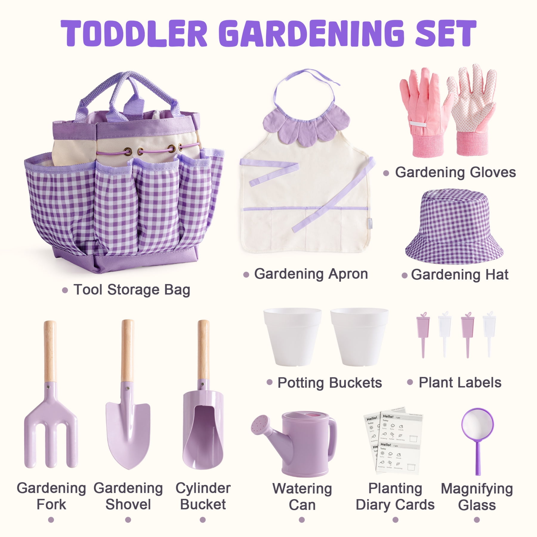 ROBUD Kids Gardening Set, 10 PCS Bow Theme Garden Tools with Shovel, fork, Sand-digging tools, Hat, Storage Bag, Apron, Waterproof Gloves– Educational Outdoor Toy Gift for Girls and Toddlers (Purple)
