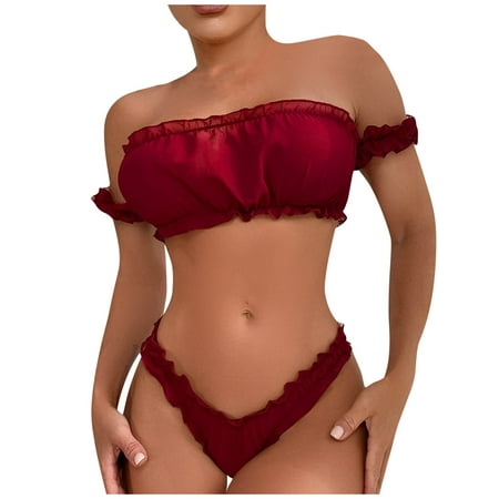 

XHJUN Lingerie for Women Sexy Naughty Bra and Panty Set Ruffle Lingerie Set Mesh Ruched Babydoll Chemise Wine L