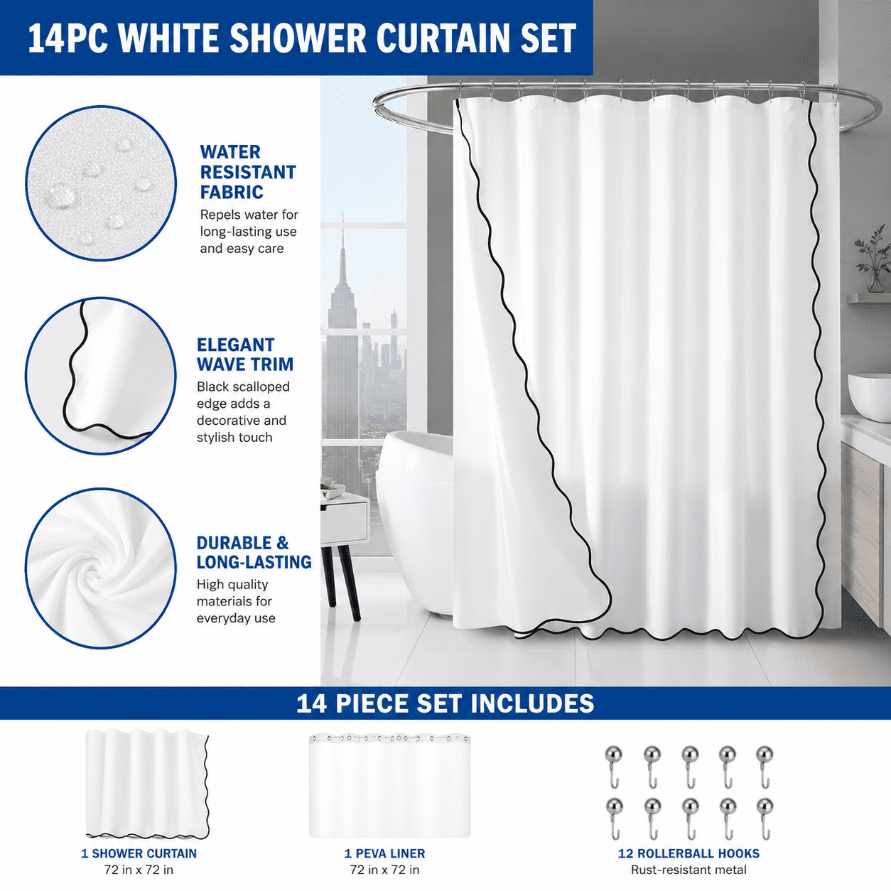 Mainstays 14 Piece Black and White Scallop Shower Curtain Set – 72" x 72" Faux Linen Fabric, Waterproof PEVA Liner & Metal Hooks, Machine Washable