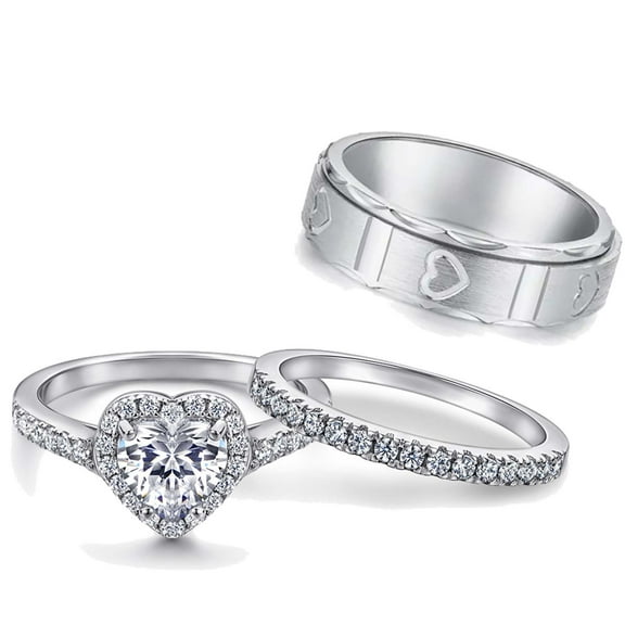 Heart Matching Rings Couple Rings 10kt White Gold Plated 1ct CZ Wedding Ring Set for Women