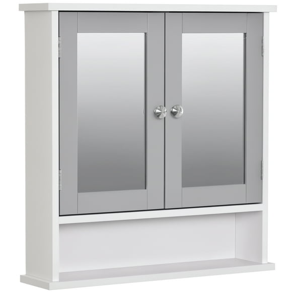 CoSoTower Medicine Cabinet, Wall-Mounted Bathroom Mirror Cabinet with Double Doors, Open Shelf, and Adjustable Shelf, Modern Bathroom Wall Cabinet, White and Grey