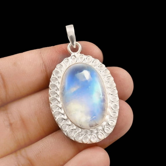 Owais Gems And Jewelry Sale !!! 59 Carat White Rainbow Oval Shape Silver Handmade Moonstone Gemstone Women's Chain Adult's Pendant…