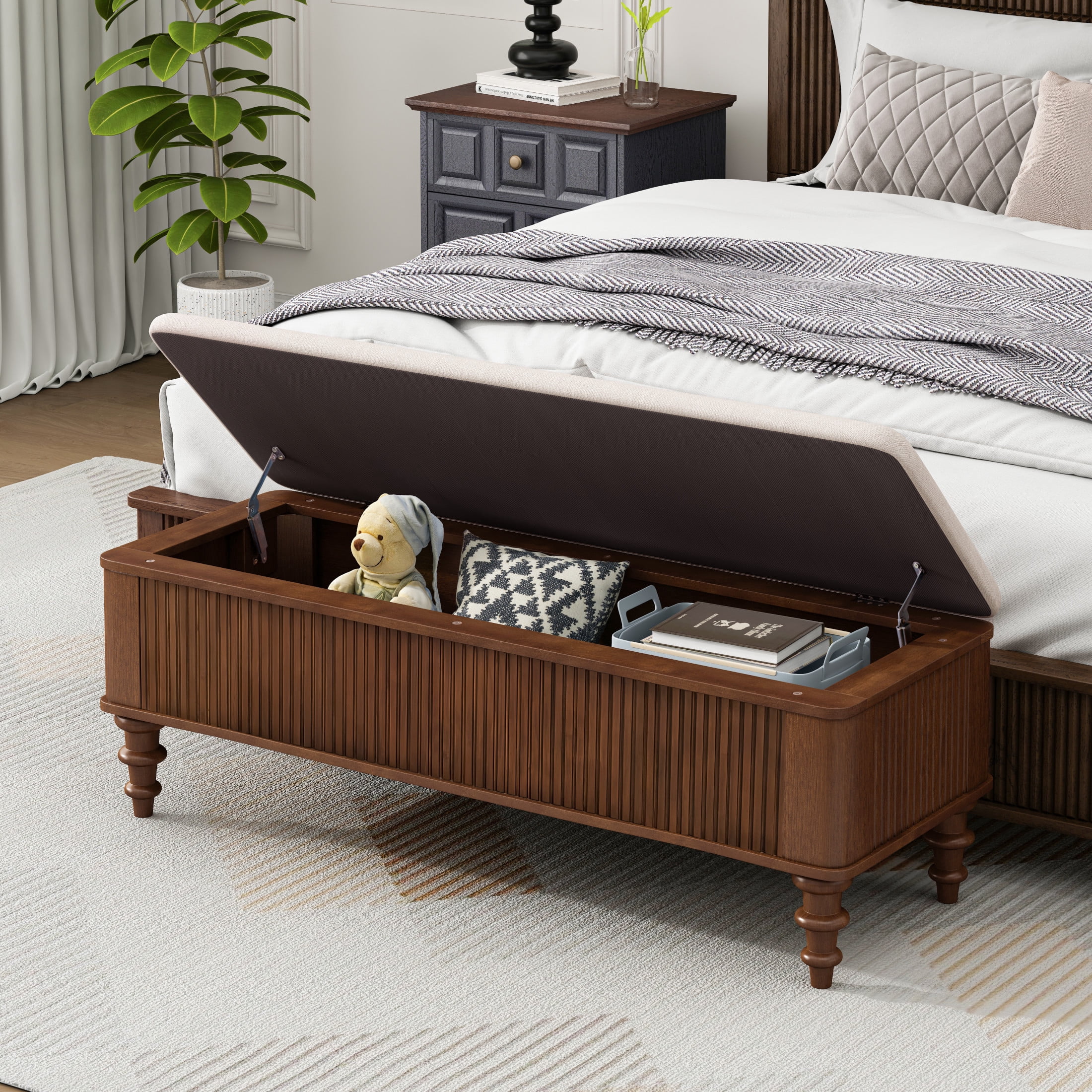 GDF Studio 50.8-Inch Storage Ottoman Bench with Beige Linen Seat, Solid Rubberwood Frame, Walnut
