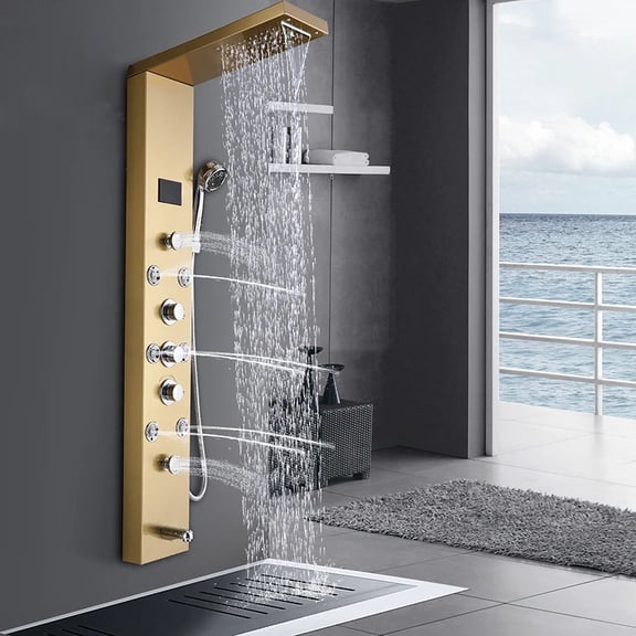 Gold LED Shower Panel Tower System,Bathroom 6-Function Shower Tower,Rain Massage Full Body Shower System with Jets,Hydroelectricity Display LED Rainfall Waterfall Shower Head