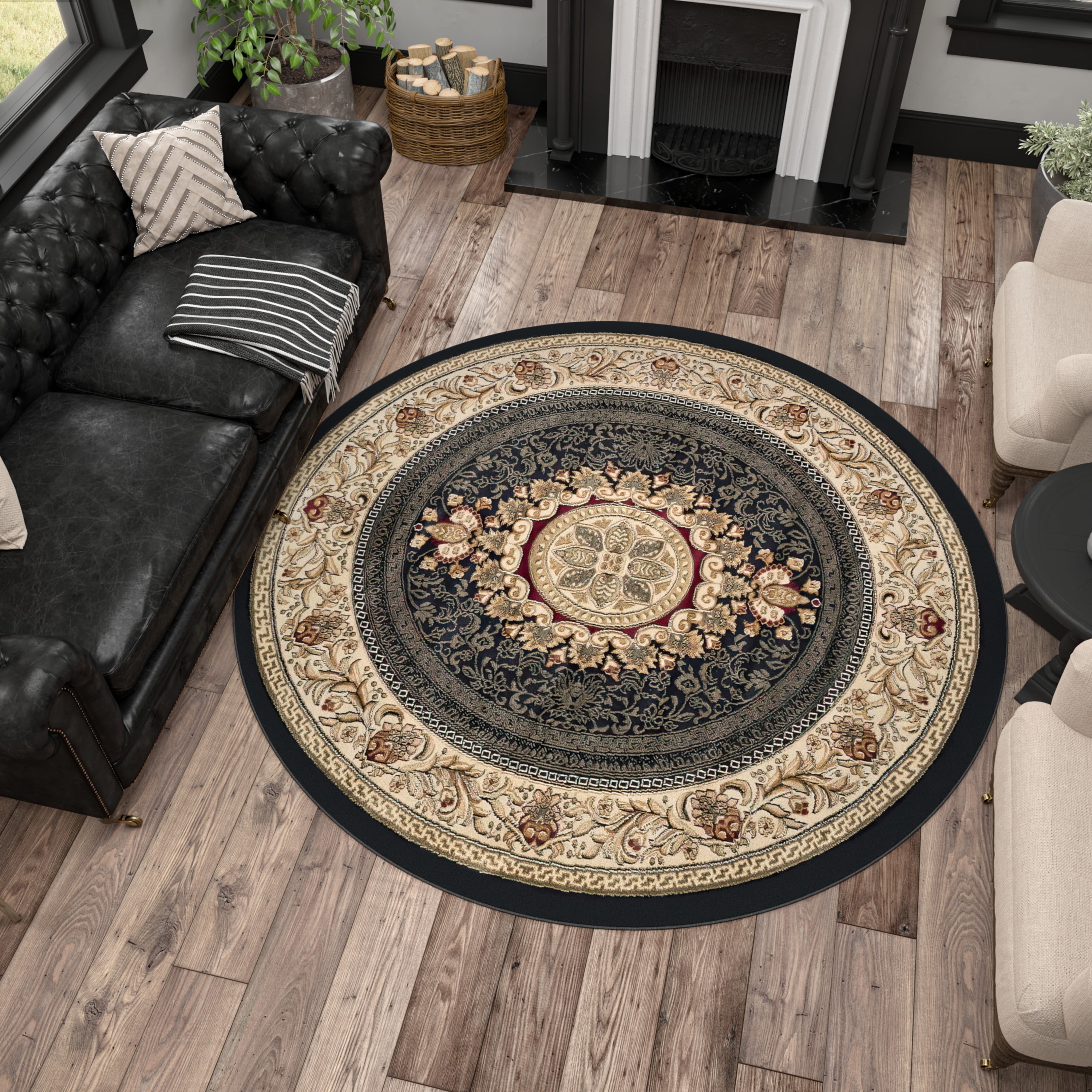 Sensation Traditional 5' Round Black and Beige Polypropylene Indoor Area Rug