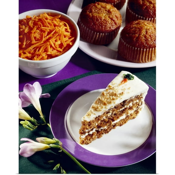 Great BIG Canvas | Rolled Batista Moon Studio Poster Print entitled Carrot cake and carrot muffins with a bowl of grated carrots nearby