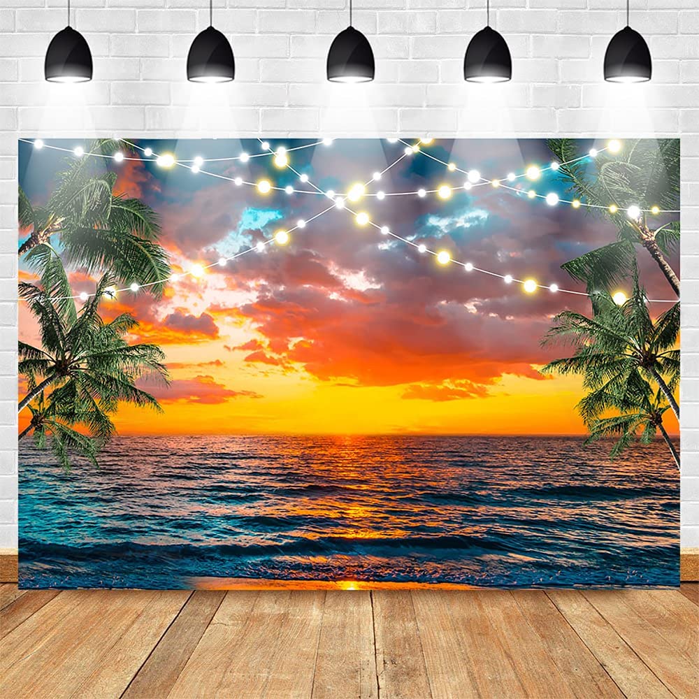 Sunset Sea Beach Backdrop Hawaii Tropical Palm Tree Photography Background  Summer Seaside Holiday Banner