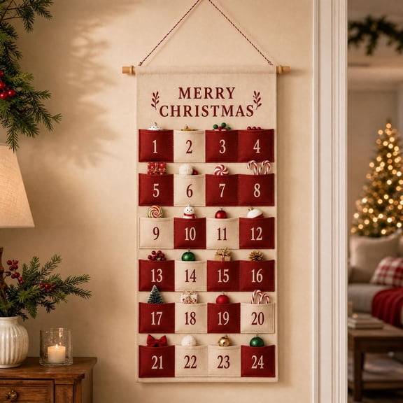 PLPPYFS Christmas Advent Calendar with 24 Pockets, Reusable Countdown Calendar Storage Bag, Fabric Calendar Wall Hanging Bag for Xmas Home Holiday Wall Decoration