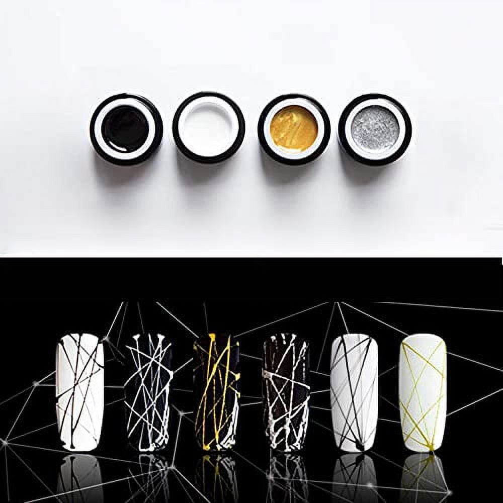 Vonrui Spider Nail Gel,Nail Art Line,Silk Point Creative Pulling Matrix Gel Wire Painting Gel Varnish Web Gel 3D Emboss Soak Off 4 colors/set(White Black Gold Silver)