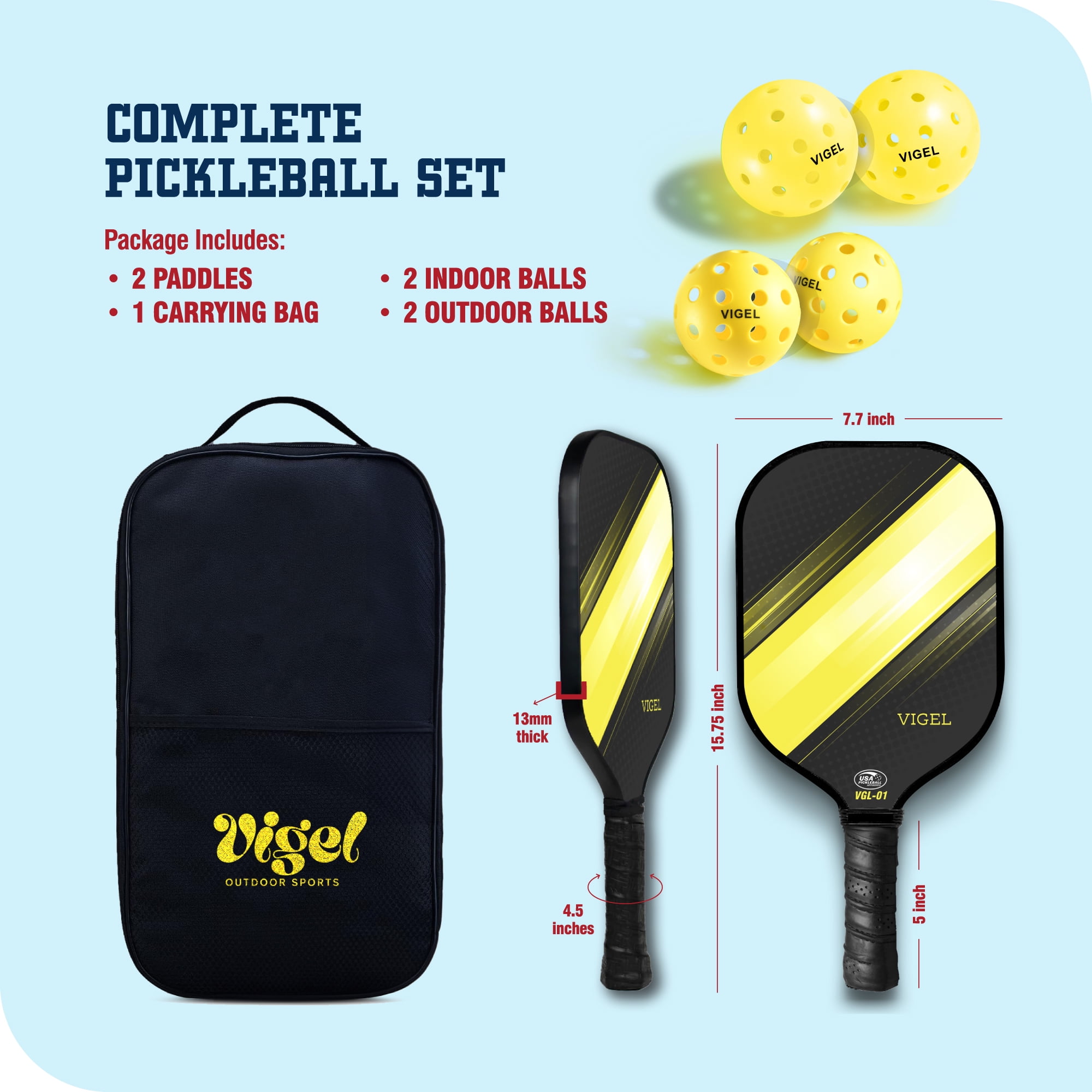 Vigel Pickleball Paddle Set - USA Pickleball Approved Pickleball Rackets - Honeycomb Core with Multilayer Fiberglass Surface