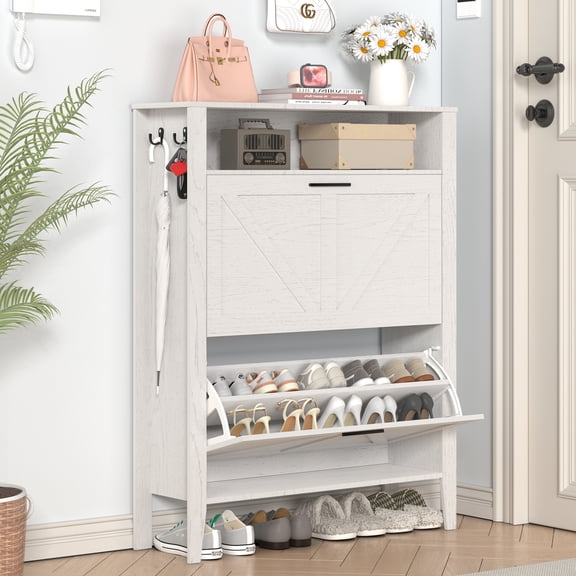 UVANIOHOM 31.49’’W Narrow Shoe Storage Cabinet with 2 Flip Drawers & Open Storage, Freestanding for Entryway/Closet, White