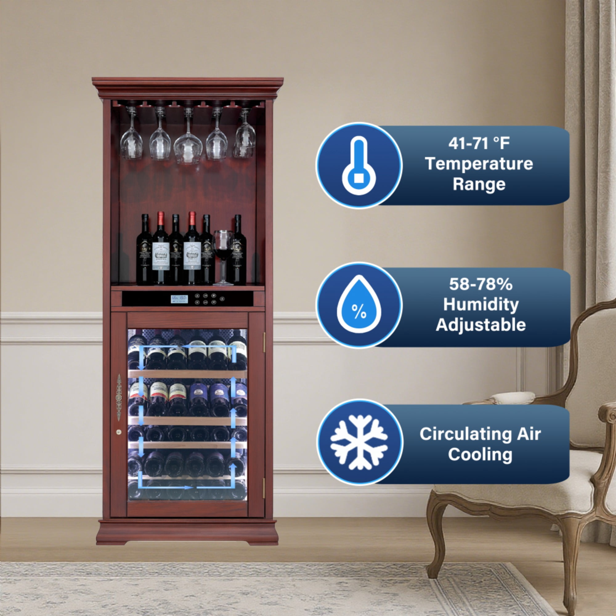 56 bottles Single Zone Wood Wine Cooler with Tempered Glass Door LED Lighting（LTL carry）