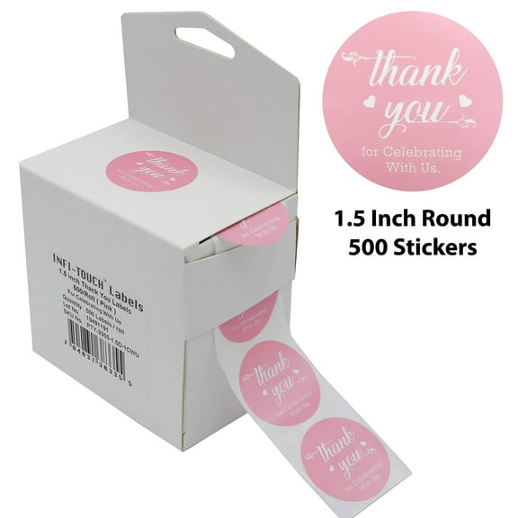 Infi-Touch 2" Pink Round Thank You for Celebrating With Us Stickers - 500 Ct. in Box