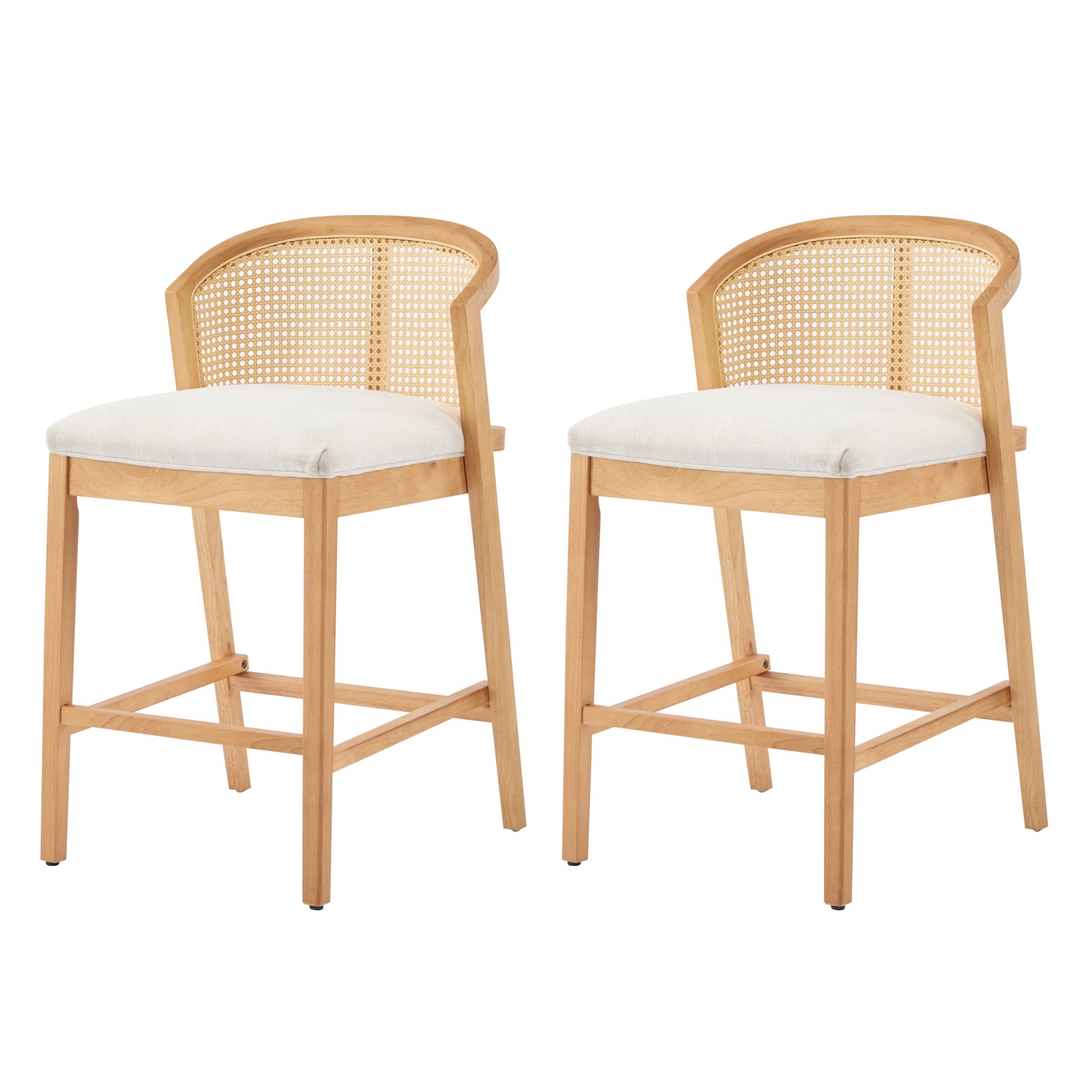Christopher Knight Home Counter Height Bar Stools, Wood Frame and Rattan Backrest, Natural+Beige, Set of 4