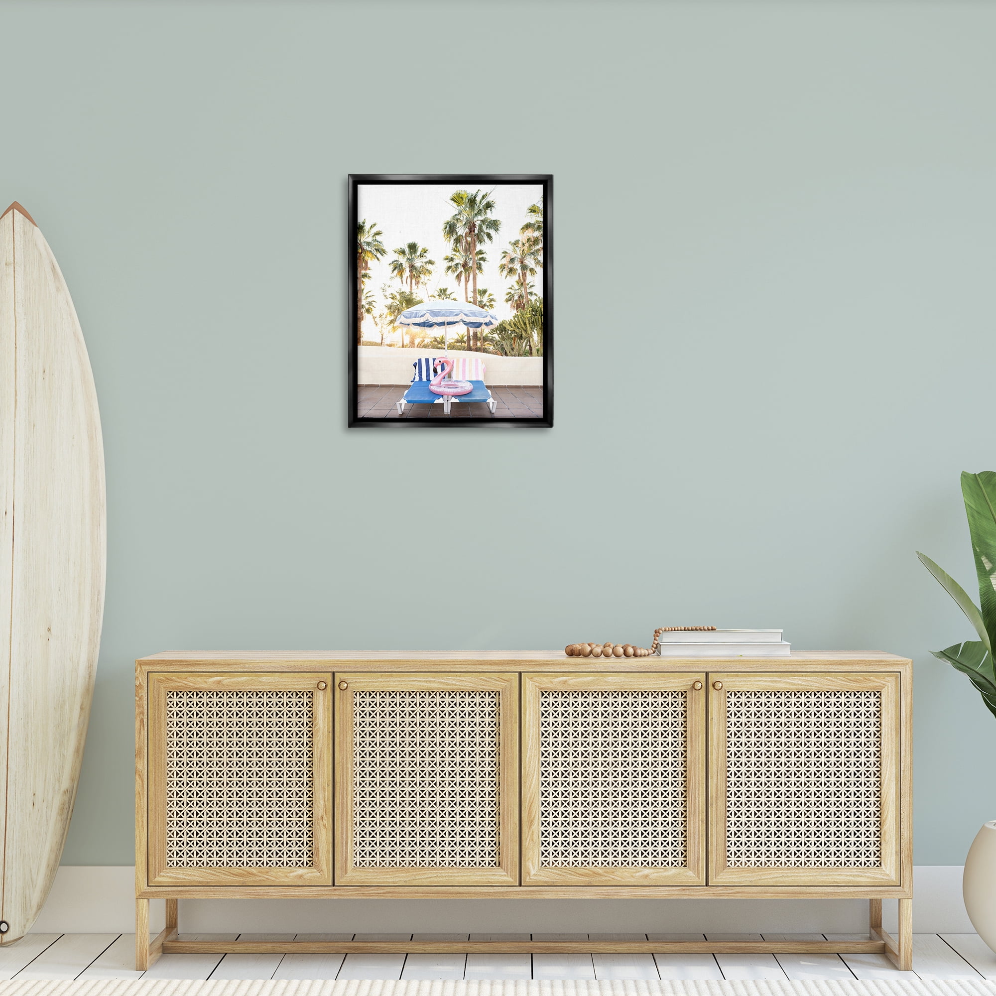 Stupell Industries Poolside Flamingo Float Landscape & Nature Photography Black Floater Framed Canvas Art Print Wall Art, 25 x 31