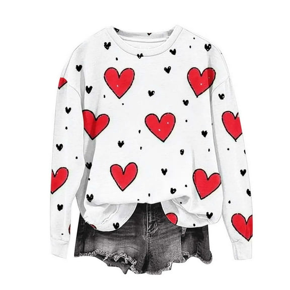Avrnliq Valentine Womens Heart Print Long Sleeve Top - Stretchy Loose Fit Crew Neck Casual Shirt for Women, White, S-XXL,Size S