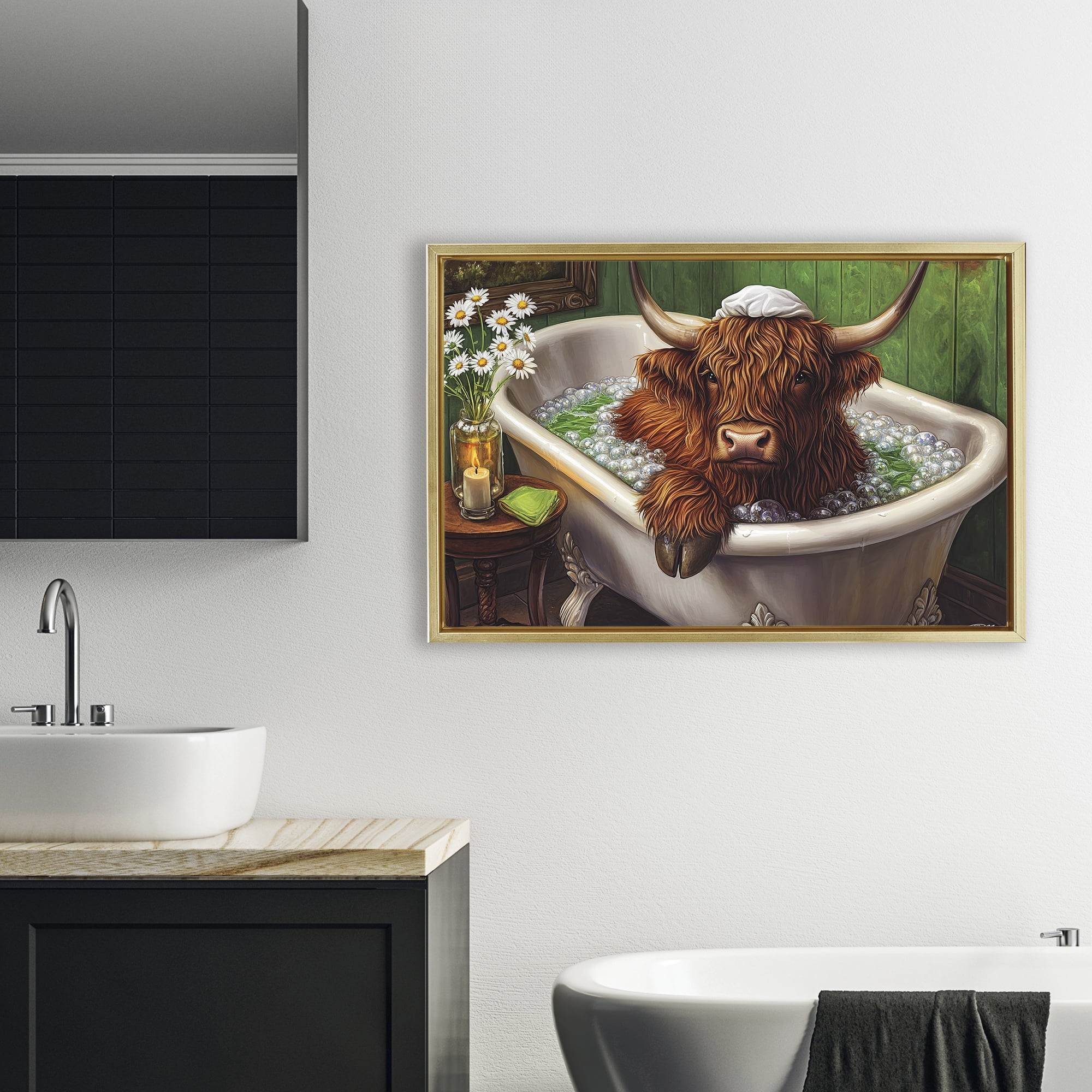 Highland in Candle Lit Bubble Bath Gold Framed Floater Canvas Wall Art, design by Momart