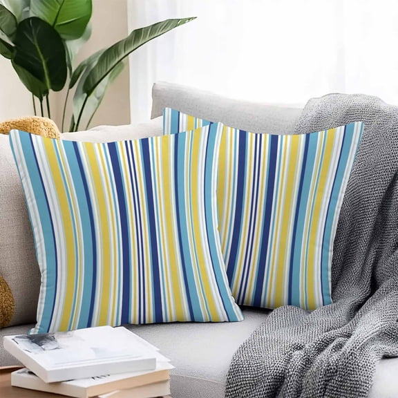 Throw Pillow Covers 26x26 Inch Set of 2, Blue Yellow Striped Waterproof Outdoor Pillow Covers, Colorful Ombre Abstract Stripes Decorative Cushion Pillowcases for Couch, Sofa, Bed, Garden, Patio