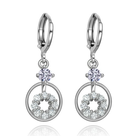 Small Cute Double Lucky Magic Circles Purple White Sparkling Crystals Silver-Tone Fashion Amulet Earrings