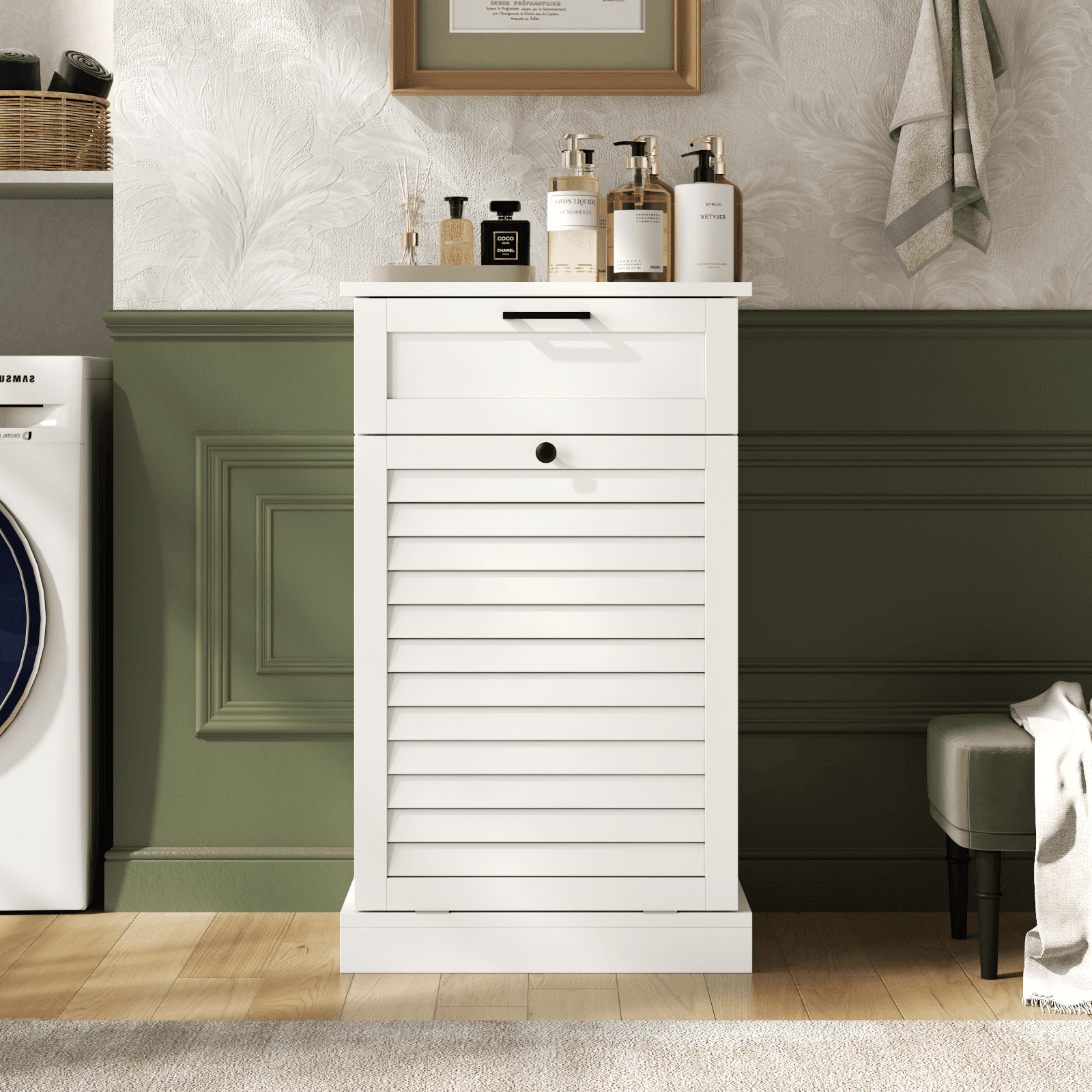 15 Gallon Tilt-Out Laundry Hamper Cabinet with Drawer, Hidden Trash Can Cabinet with Shutter Door & Laundry Basket for Bathroom & Kitchen – White (Single)