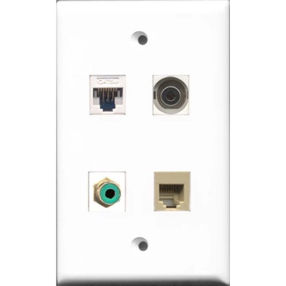 RiteAV - 1 Port RCA Green and 1 Port Phone RJ11 RJ12 Beige and 1 Port 3.5mm and 1 Port Cat5e Ethernet White Wall Plate